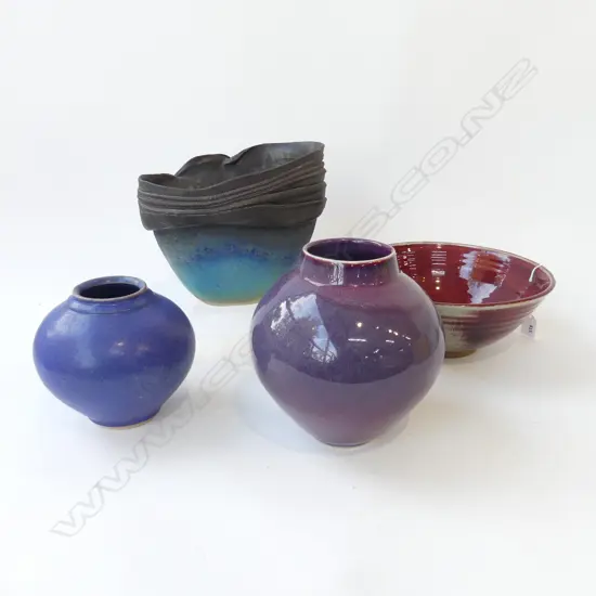4 STUDIO POTTERY GLAZED PCES; 3 VASES + BOWL 280mm dia chipped
