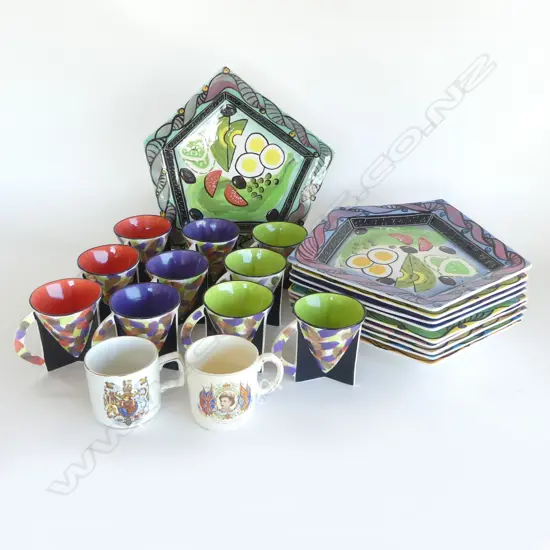 10 PENTAGON SHAPED PLATES BY VALESKA CAMPION POTTERY 310mm dia + 12 MUGS (2 ROYAL)