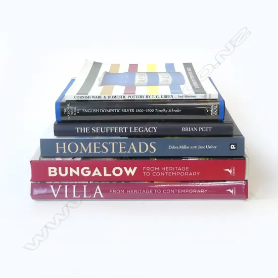 6 BOOKS; VILLA, BUNGALOW, HOMESTEADS, ENGLISH SILVER, SEUFFERT LEGACY, CORNISH WARE