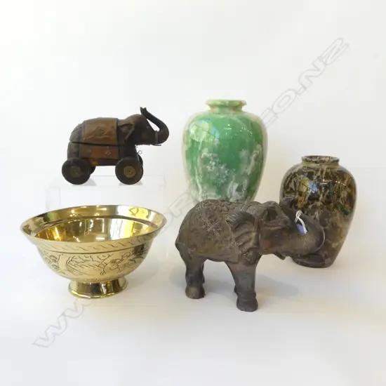 2 CARVED STONE VASES H.230mm, 2 ELEPHANTS, BRASS BOWL 225mm dia
