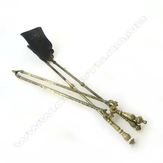 3 VINTAGE BRASS FIRE TOOLS: SHOVEL, TONGS, POKER