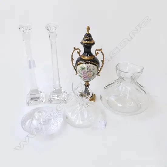 5 PCES GLASS + SEVRES URN H.300mm; PR V&B CANDLESTICKS H.295mm, ORREFORS CANDLEHOLDER, 2 JUGS 