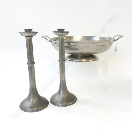 PR PEWTER CANDLESTICKS H.300mm + OVAL BOWL W.395mm