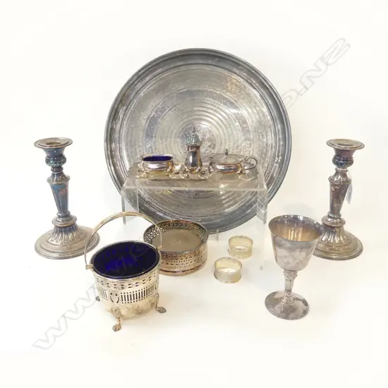 ASST. EP; PR CANDLESTICKS H.190mm,TRAY 355mm dia, CONDIMENTS, PR STG NAPKIN RINGS