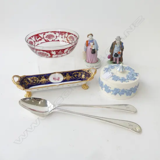 2 EP PIE SPOONS, WEDGWOOD LIDDED CONTAINER, CRYSTAL BOWL, 19thC PEN HOLDER (repaired), PR 19thC FIGURES