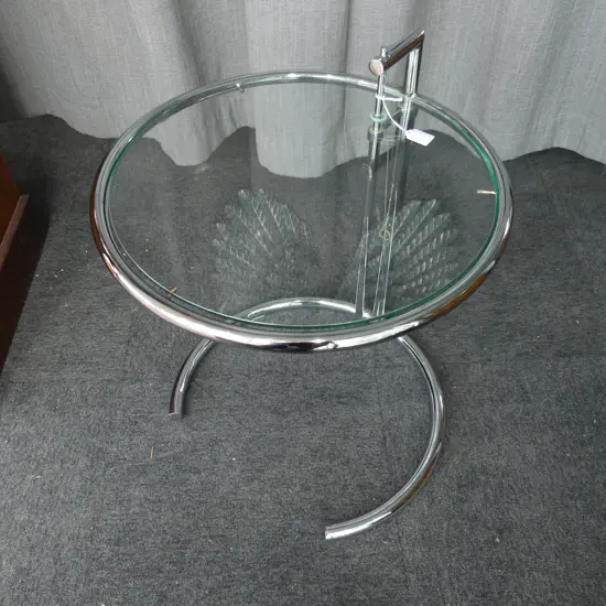 EILEEN GRAY CHROME & GLASS DESIGNER SIDE TABLE CIRCULAR