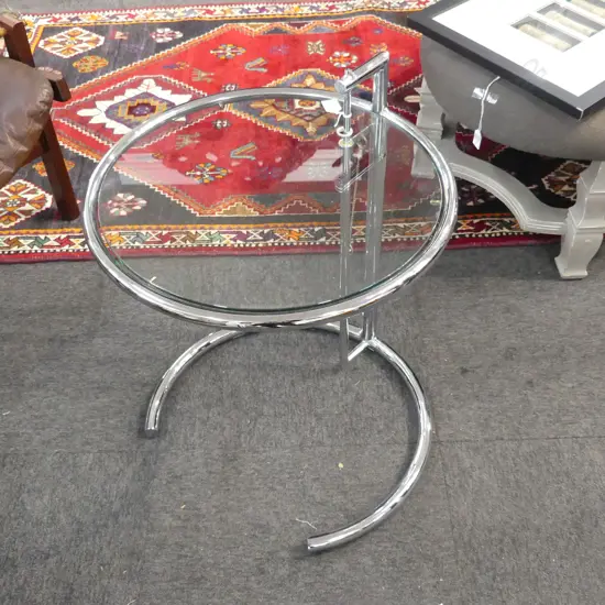 EILEEN GRAY CHROME & GLASS DESIGNER SIDE TABLE CIRCULAR