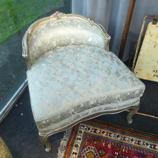 FRENCH STYLE DUCHESS BRISEE STOOL; CELADON EMBROIDERED FABRIC / SILVER FINISH FRAME