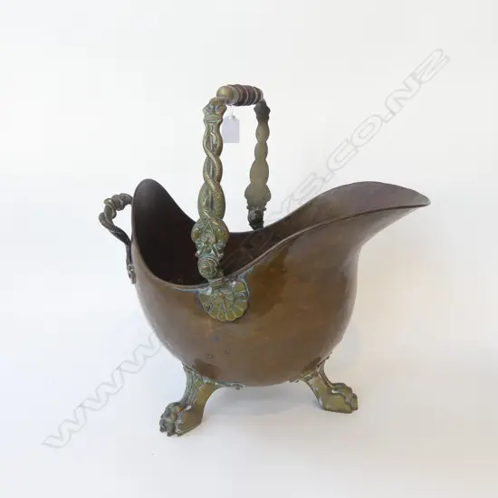 ANTIQUE COPPER COAL SCUTTLE w. 3 BRASS FEET H.305mm