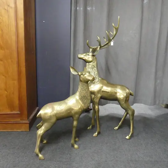 2 BRASS DEER; STAG H.1290mm & FAWN H.780mm
