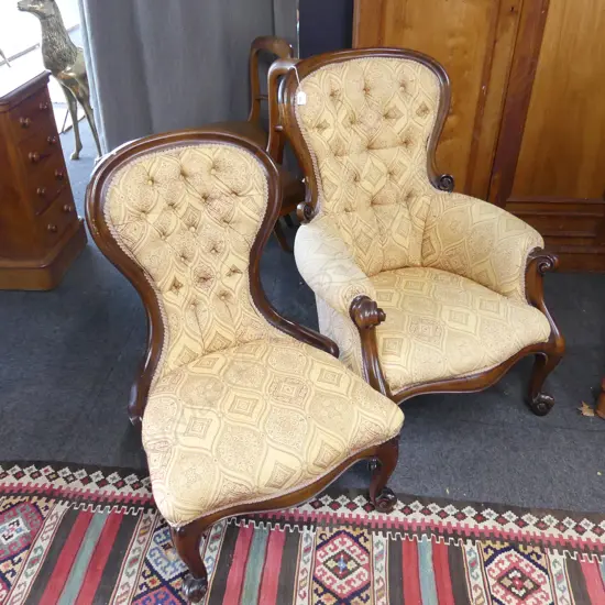 VICTORIAN STYLE GRANDFATHER & GRANDMOTHER CHAIR - GOLD UPHOLSTERY