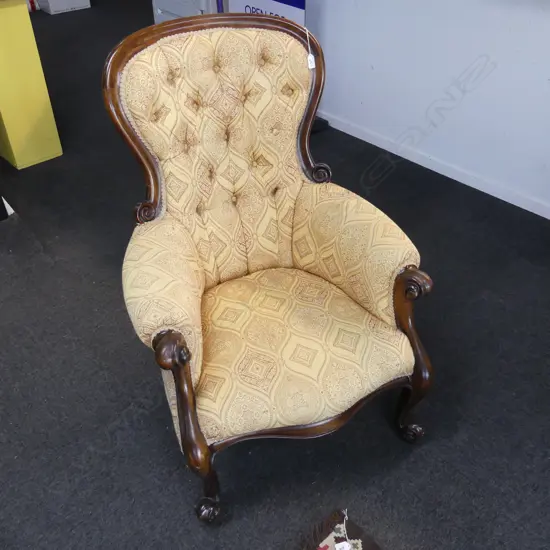 VICTORIAN STYLE GRANDFATHER CHAIR - GOLD UPHOLSTERY