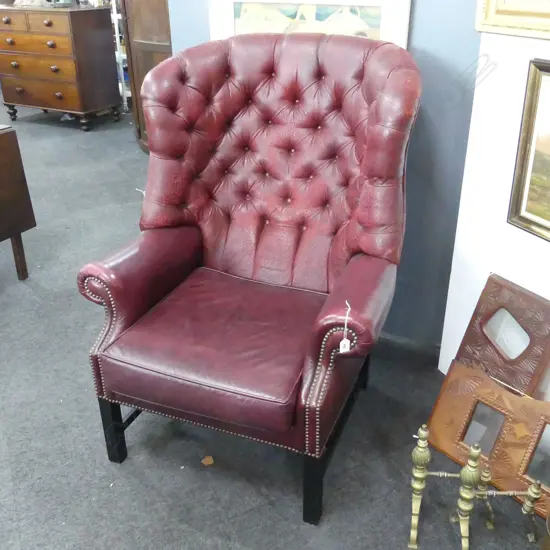 LG MAROON VINYL WING BACK ARMCHAIR - WORN IN PLACES