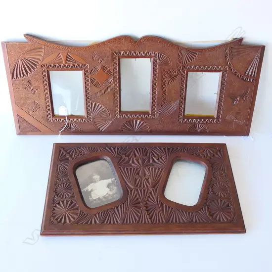 TWO VINTAGE POKERWORK  WOODEN FRAMES, LARGEST 710 x 280mm