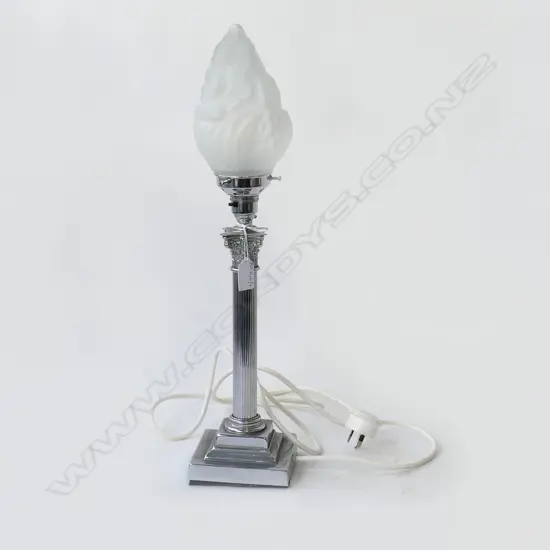 SILVER METAL CORINTHIAN COLUMN LAMP w. FROSTED GLASS 'FLAME' SHADE H.510mm