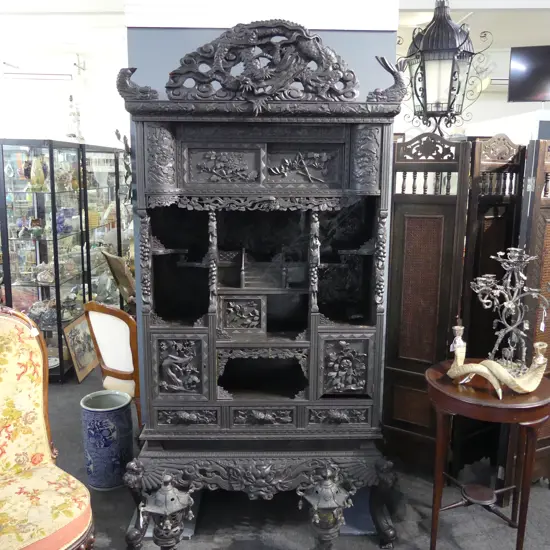 EBONISED CARVED WOODEN ORIENTAL CABINET 1160 x 450 x 2150mm some borer & pieces missing