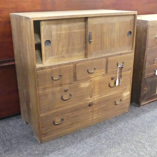 OLD JAPANESE UTILITY CABINET 6 drawer pr doors w key H.580mm