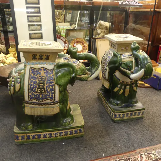 PR GREEN CERAMIC GARDEN ELEPHANT STOOLS H.560mm