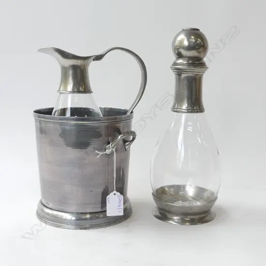 PEWTER & CRYSTAL DECANTER & JUG H.285mm + ICE BUCKET