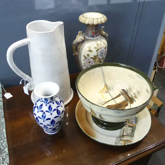 5 PCES CERAMICS; R. DOULTON TONY WELLER PLATE & FOOTED BOWL 235mm dia, ITALIAN JUG H.300mm, SATUSUMA VASE, B/W VASE