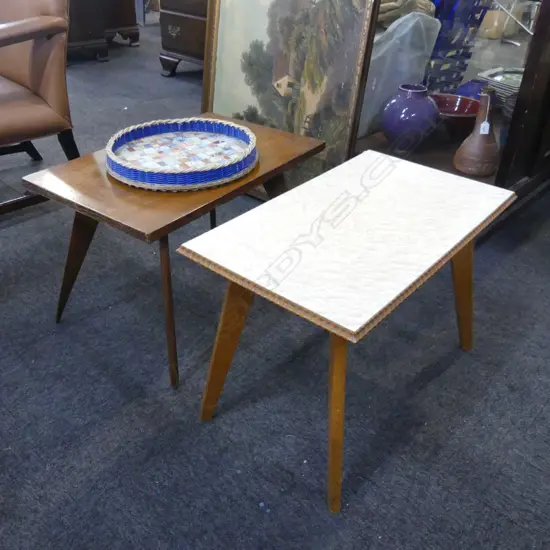 2 RETRO / MID CENTURY COFFEE TABLES W.600mm + TRAY 350mm dia