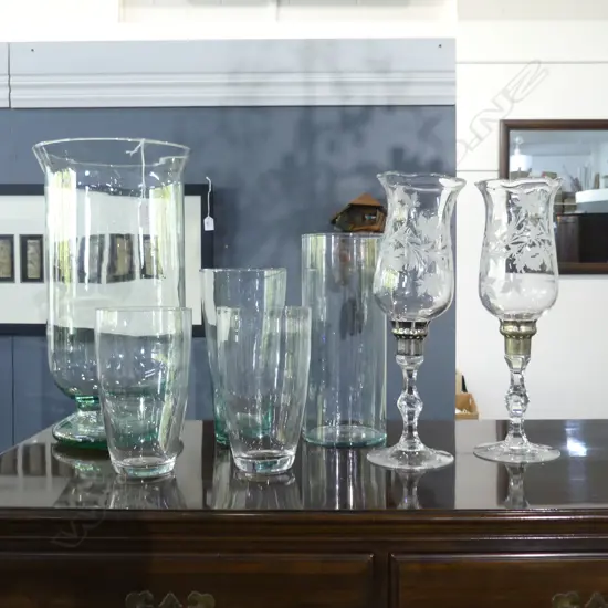 7 GLASS PCES; 3 HURRICANE LAMPS (PR + 1 H.420mm), 4 VASES H.300mm