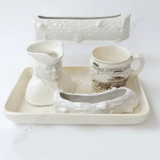 5 PCES WHITE CERAMICS; 2 TEMUKA LOGS, CROWN LYNN FLOAT BOWL #528 205x310mm (AF), CANTERBURY CENTENNIAL MUG, JUG