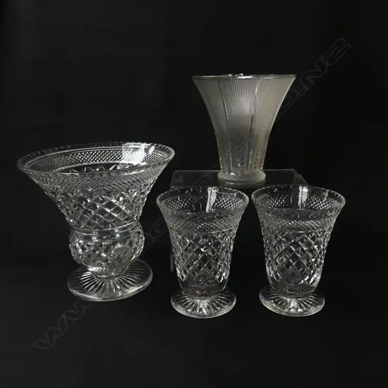 4 CRYSTAL VASES; PR WEBB, LALIQUE (lg chip), OTHER H.205mm