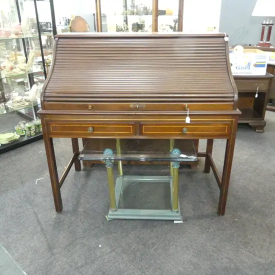 SHERATON STYLE INLAID MAHOGANY ROLL TOP DESK H.1170mm. W.1190MM.