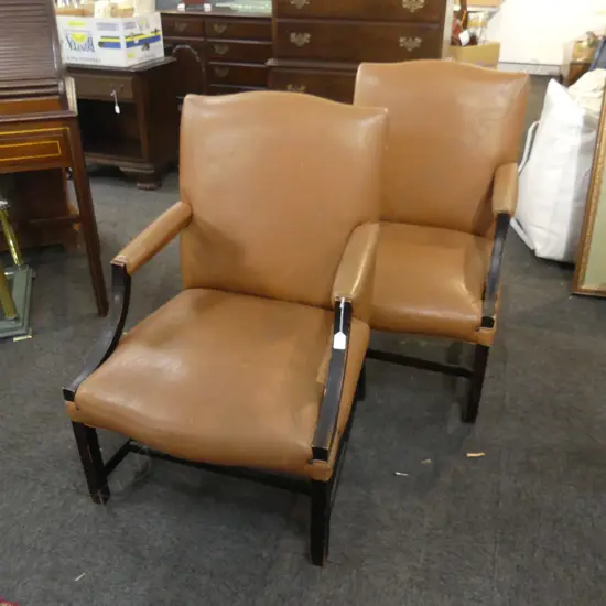 PR TAN LEATHER OPEN ELBOW CHAIRS with square legs