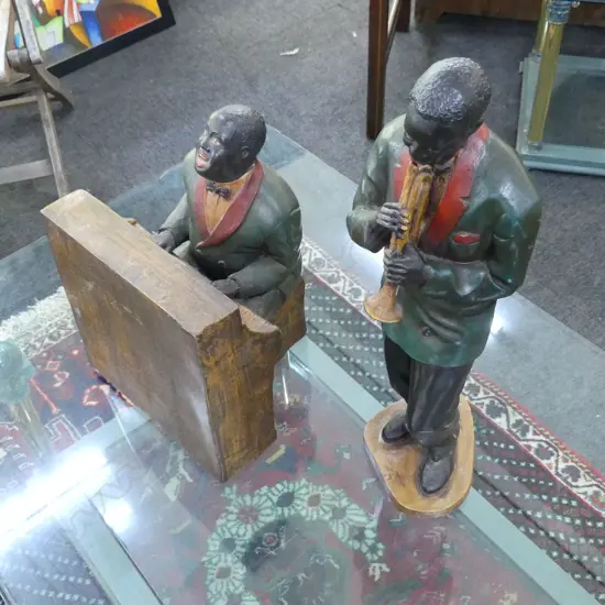 2 RESIN AFRICAN AMERICAN JAZZ MUSICIANS; TRUMPETER H.555 (FAULT) & PIANIST H.400mm