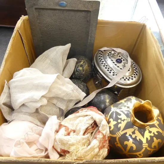 ASST. LINENS, DECORATIVE BALLS, PEWTER TRAY ETC