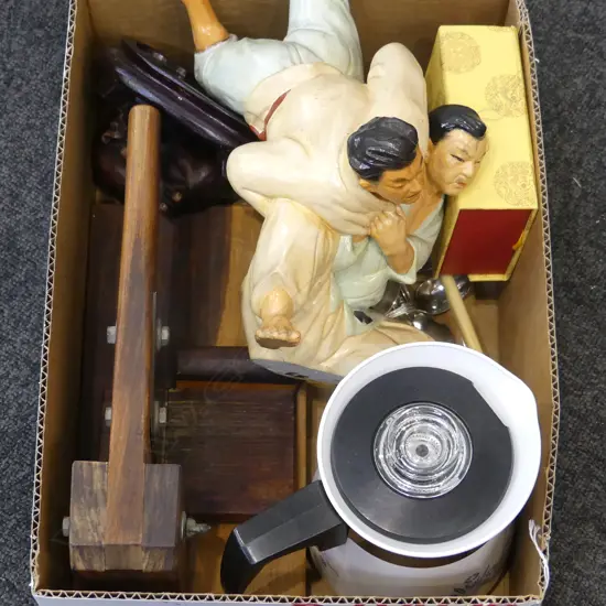 JAPANESE WRESTLING FIGURINE, WOODEN CHOPPER, KETTLE ETC