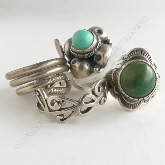 4 SILVER RINGS: 2 GEM SET + 1 SNAKE + 1 KORU HEARTS