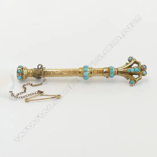 9ct GOLD & GOLD PLATE & TURQUOISE PROPELLING PENCIL BROOCH L.65mm