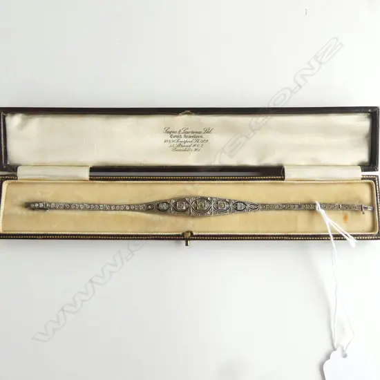 1920/1930's SAQUI & LAWRENCE London SILVER & FAUX DIAMOND BRACELET in original leather box.