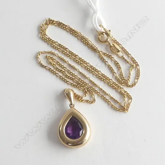 9ct AMETHYST SET PENDANT ON 9ct CHAIN, 4.7gms