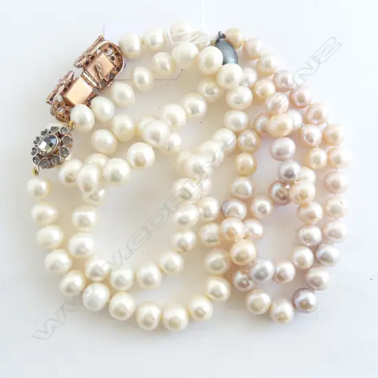 2 PEARL NECKLACES + BRACELET w. SILVER GILT CLASPS