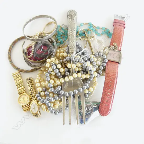 COSTUME JEWELLERY + 3 WRISTWATCHES + LGE SERVING FORK: PEARLS ETC