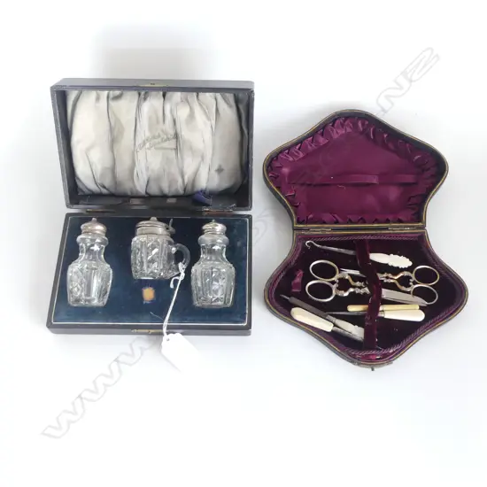 MANICURE SET, STG & CRYSTAL 3 PCE CONDIMENT SET, BOTH CASED