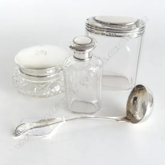 4 PCES STG SILVER, LADLE EDINBURGH 1832, 3 LIDDED CRYSTAL CONTAINERS
