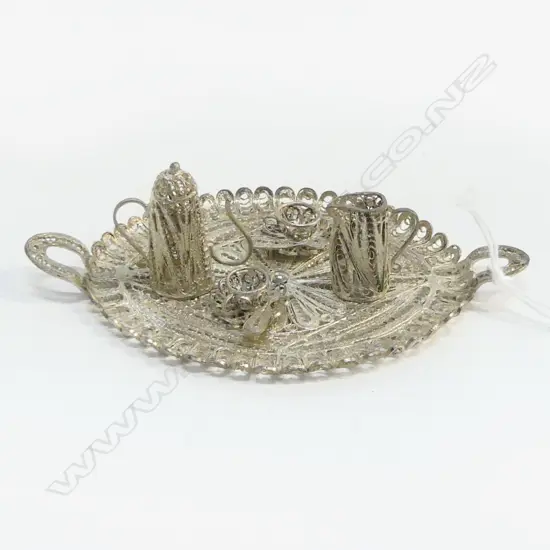 SILVER FILIGREE MINIATURE TEA SET COFFEE POT, JUG, TRAY & 2 CUPS/SAUCERS/SPOONS L.85mm TRAY
