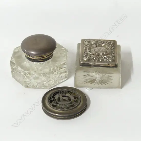 3 ASST. ANTIQUE STG CONTAINERS; INKWELL, STAMPS & HYDE PARK HOTEL