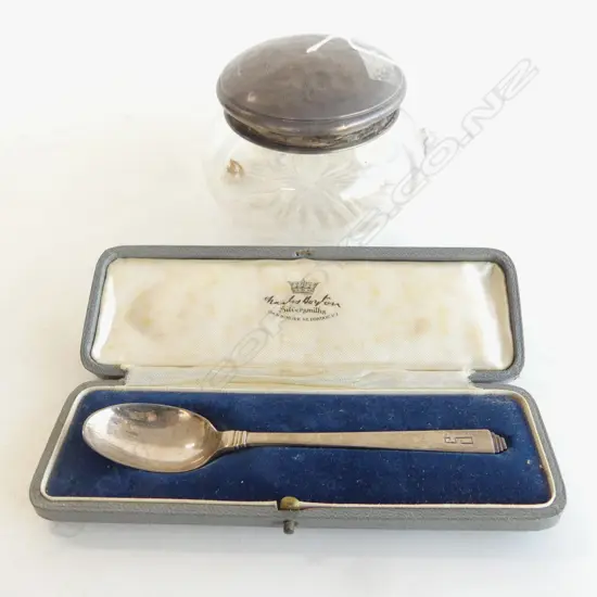 2 PCES STG SILVER; LIDDED CONTAINER 'KIA ORA TO MILLIE' & CASED SPOON 66gms