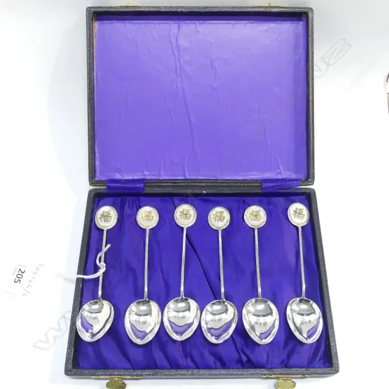 6 CHINESE STG SILVER TEASPOONS GOLD & MOTHER OF PEARL ENDS STAMPED ‘SILVER’, L.120mm