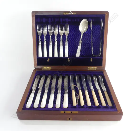 CANTEEN w. 12 PCE MoP HANDLED FRUIT SET, EURO SILVER TONGS 47gms, SPOON & 6 IVORINE KNIVES