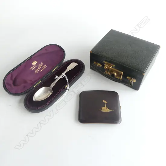 GEORGE IV SILVER CHRISTENING SPOON IN leather case + Japanese gold inlay cig case + leather case hinge slightly faulted