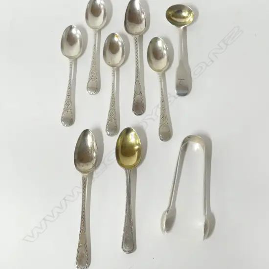 8 ASST. STG SILVER SPOONS + TONGS 136gms