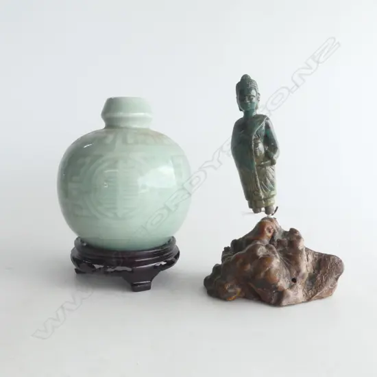 CARVED STONE BUDDHA STATUE (FAULTED) H.170mm + CELADON JAR ON STAND