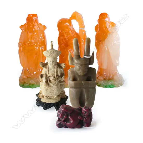 5 CHINESE RESIN FIGURES & CHINESE JADE HONGSHAN RITUAL FIGURE